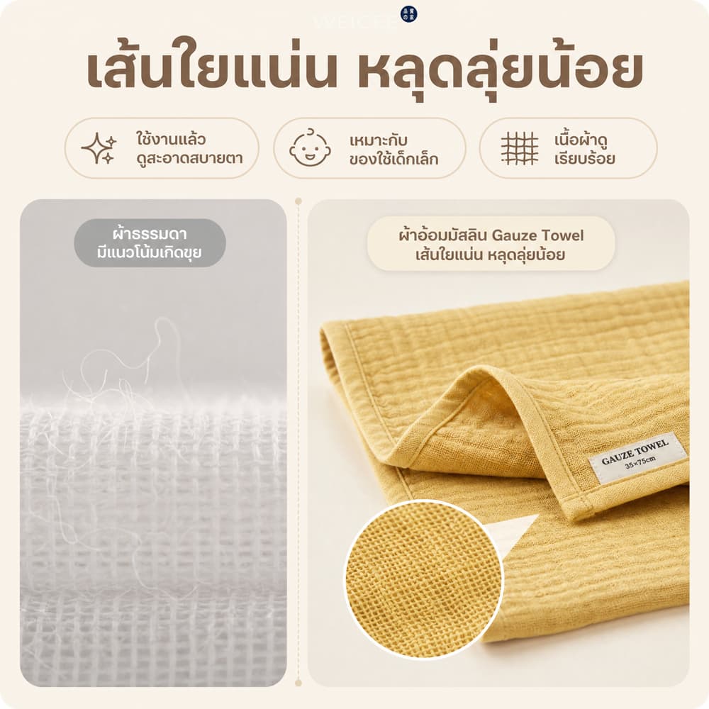 WEICEE ผ้าเช็ดตัว Cotton 100% ผ้าขนหนู เหมาะสำหรับคุณแม่และเด็กทารก สีไม่ตก ขนไม่ร่วง รูปที่ 6