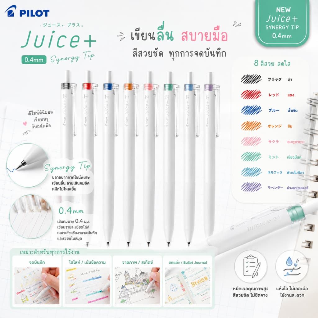 Pilot Juice+ Synergy Tip ปากกาหมึกเจล 0.4 มม. LJL-14 ปากกาหัวแหลม ปากกาเจล ด้ามสีขาว รูปที่ 3