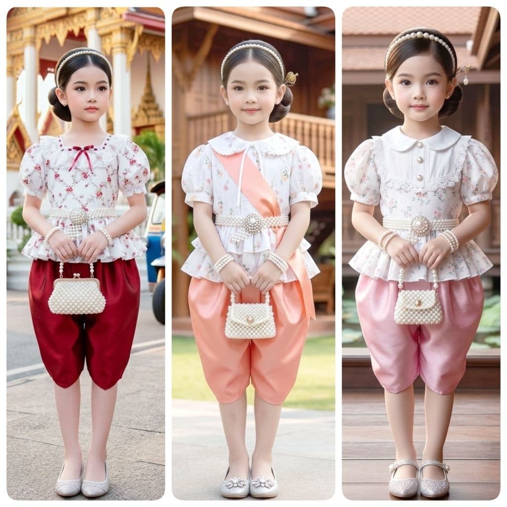ชุดไทยเด็ก รุ่นโจงกระเบน+เสื้อแขนตุ๊กตาลายดอกไม้+สไบ รวม 3 ชิ้น ***ไม่รวมเครื่องประดับ*** รูปที่ 1