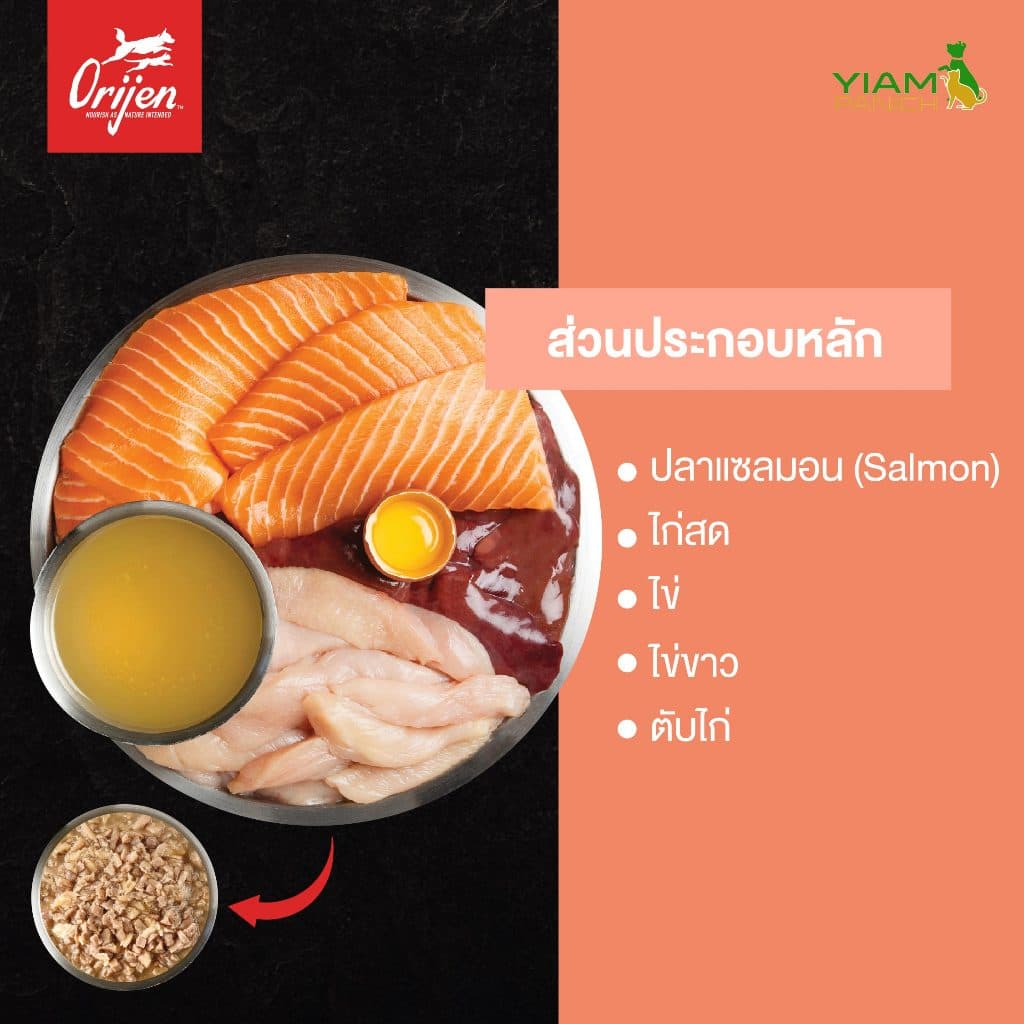 ORIJEN Chunks&Shreds อาหารเปียกแมวแบบกระป๋อง Salmon&Chicken ในน้ำซุปกระดูกเข้มข้น 85g รูปที่ 2