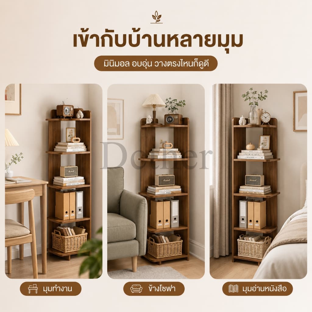 DC ชั้นวางหนังสือ 120cm 5ชั้น สีไม้/ขาว/สีดำและสีขาว วางไว้ที่มุม ชั้นวางของห้องครัว การเก็บรักษาอาหาร รูปที่ 8