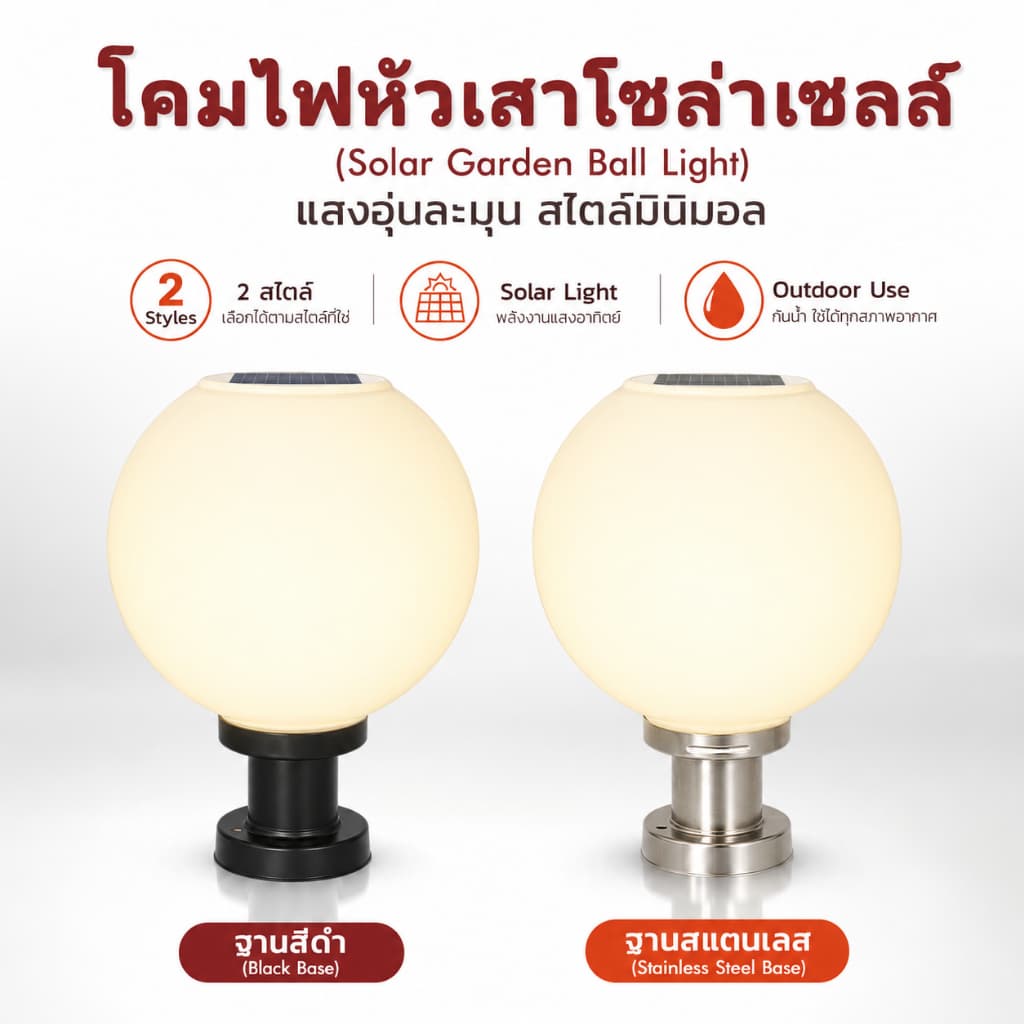 DIANG ซื้อ 1 แถม 1 โคมไฟหัวเสา โคมหัวเสาโซล่าเซลล์ ไฟสวนหลอด โซล่าเซลล์ โคมไฟทรงกลม กันน้ำ 4สี การควบคุมแสงอัจฉริยะ รูปที่ 2