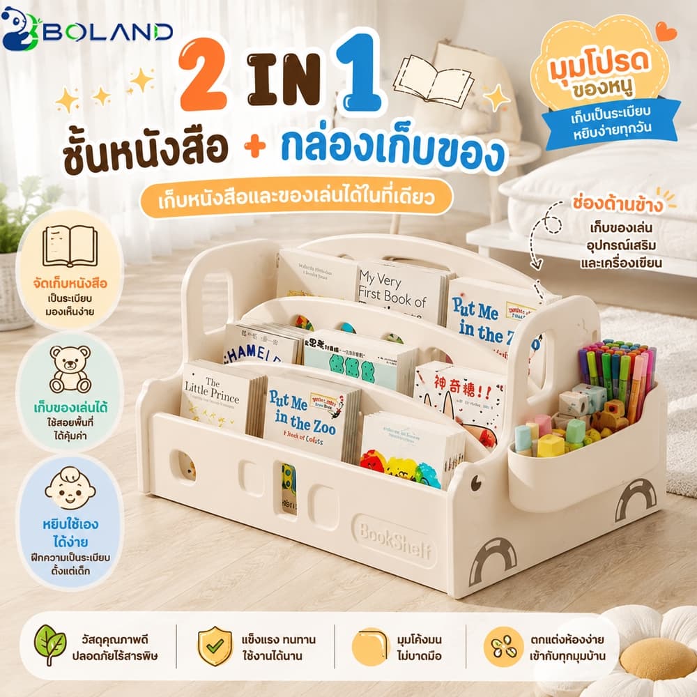 Bolandชั้นหนังสือเด็ก ชั้นเก็บของสำหรับเด็ก2IN1 เล่นง่าย หยิบสะดวก ตู้หนังสือเด็กขนาดเล็ก รูปที่ 1