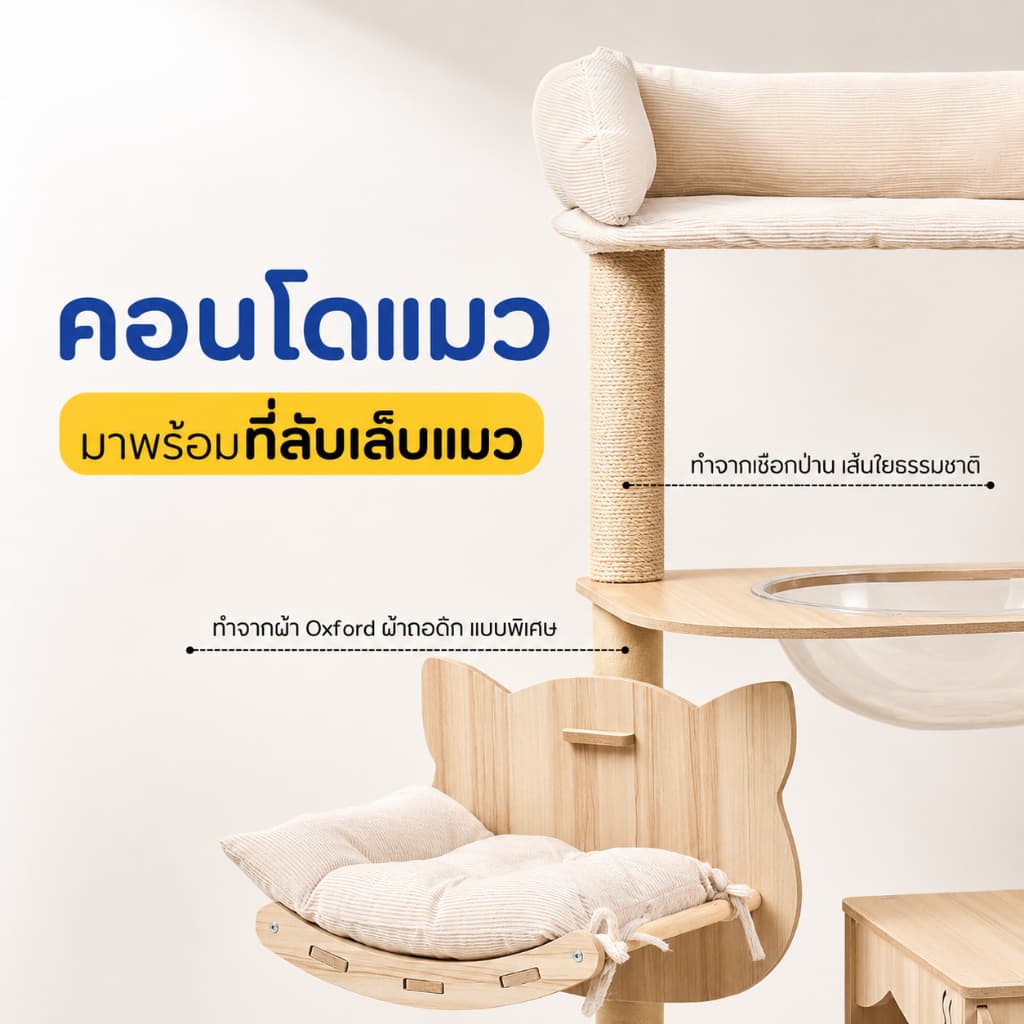 คอนโดแมวไม้ สไตล์มินิมอล สูง 150cmพร้อมหลุมอวกาศใส เปลญวนนุ่ม และบ้านแมวหลังใหญ่ แข็งแรง ทนทาน ไม่ล้มง่าย รูปที่ 2