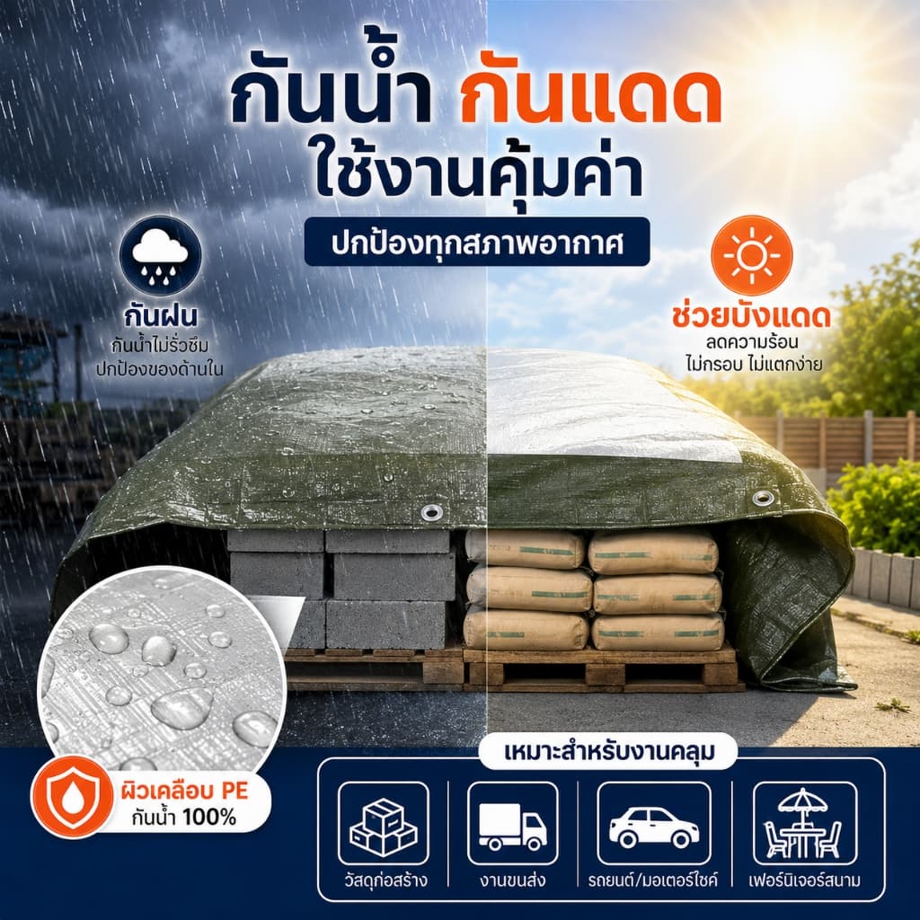ผ้าใบ PE กันแดดกันฝน เคลือบฟิล์ม 2 ด้าน ใช้คลุมของ คลุมรถ ทำหลังคาชั่วคราว หลายขนาด รูปที่ 4
