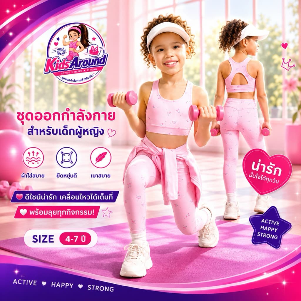 ชุดโยคะ ชุดกีฬา ชุดออกกำลังกาย ชุดกิจกรรม สำหรับเด็กเล็ก อายุ 4-7 ปี สีชมพูลายเชอรี่ เนื้อผ้าอย่างดี รูปที่ 4