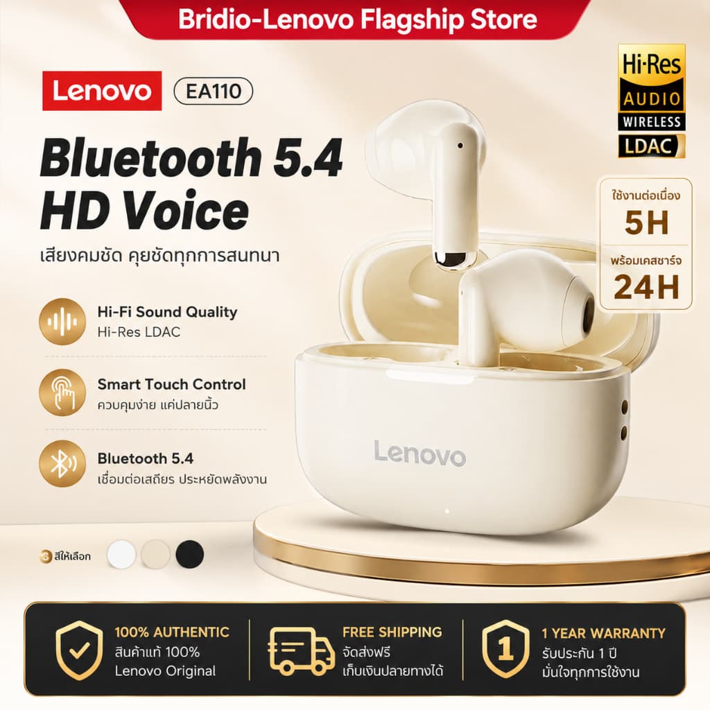 Lenovo EA110 Bluetooth 5.4  ANC Earphone หูฟังบลูทูธไร้สาย การใช้งานได้นาน 24ชม ชุดหูฟังไร้สายคุณภาพเสียงสเตอริโอแบบ HD