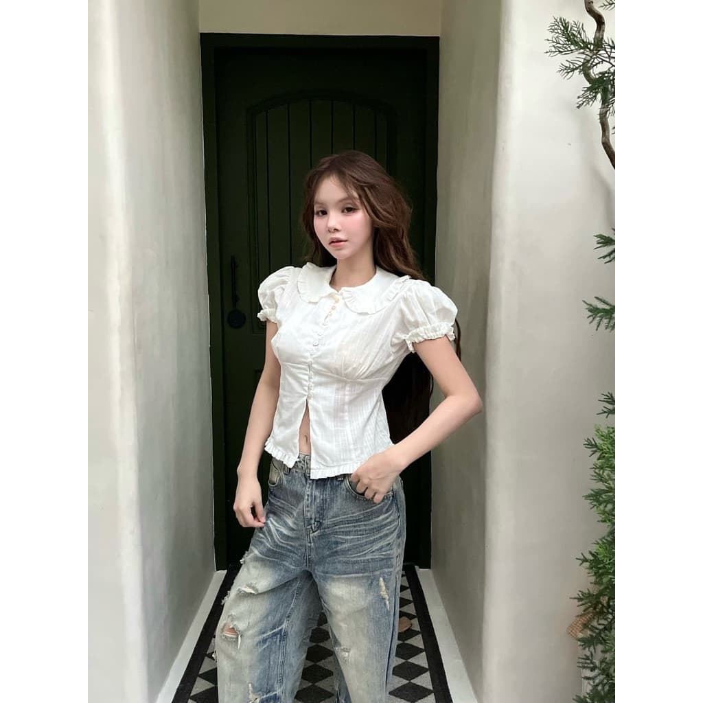 Mamildya.shop เสื้อเชิ้ตแขนสั้นคอบัวทรงแขนตุ๊กตา/ J1-3/COOK-บัวลอน รูปที่ 9