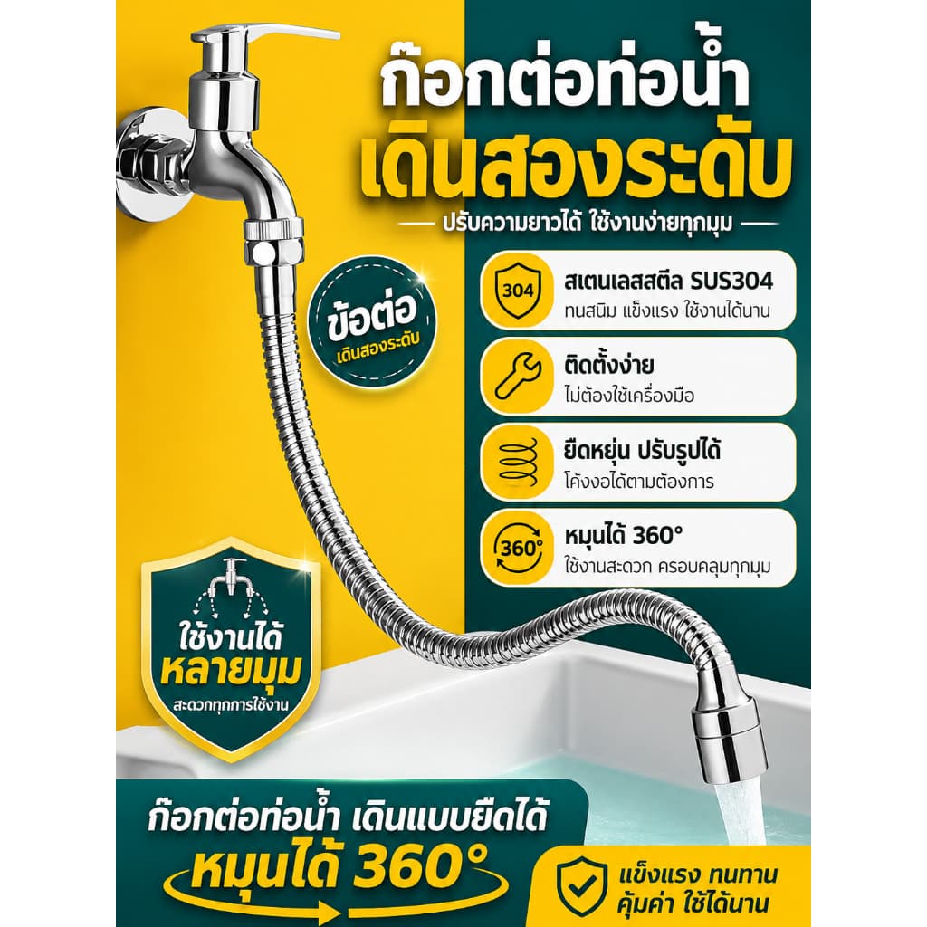 ส่งตรงจากกรุงเทพฯ Hardware Tools MALL ท่อต่อก๊อกน้ำยืดหยุ่น 30-50ซม. หมุนได้ 360° สแตนเลส304 ก๊อกครัว ห้องน้ำ กันกระเซ็น รูปที่ 7