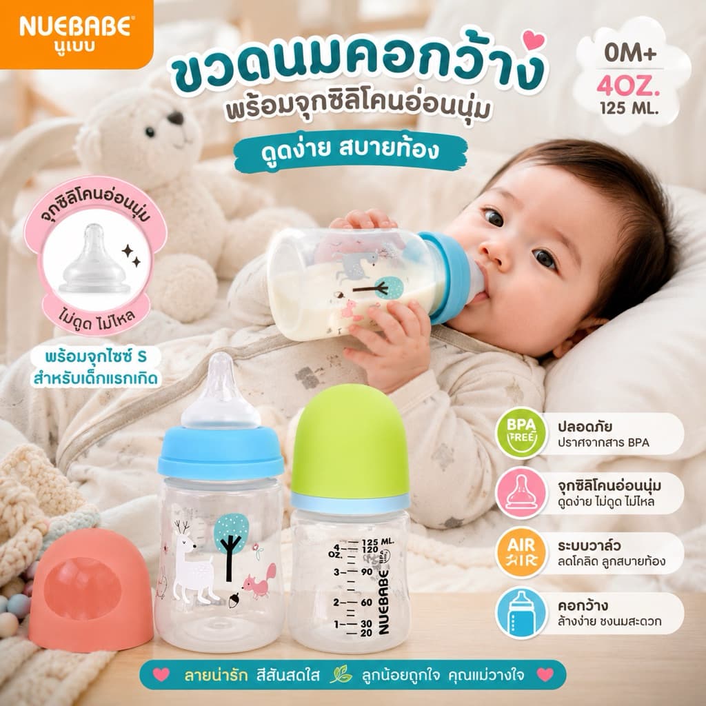 NUEBABE ขวดนมคอกว้าง ขนาด 4/8 ออนซ์ พร้อม จุกนมมีวาล์ว ลดอาการโคลิค แพ็คคู่ รูปที่ 6