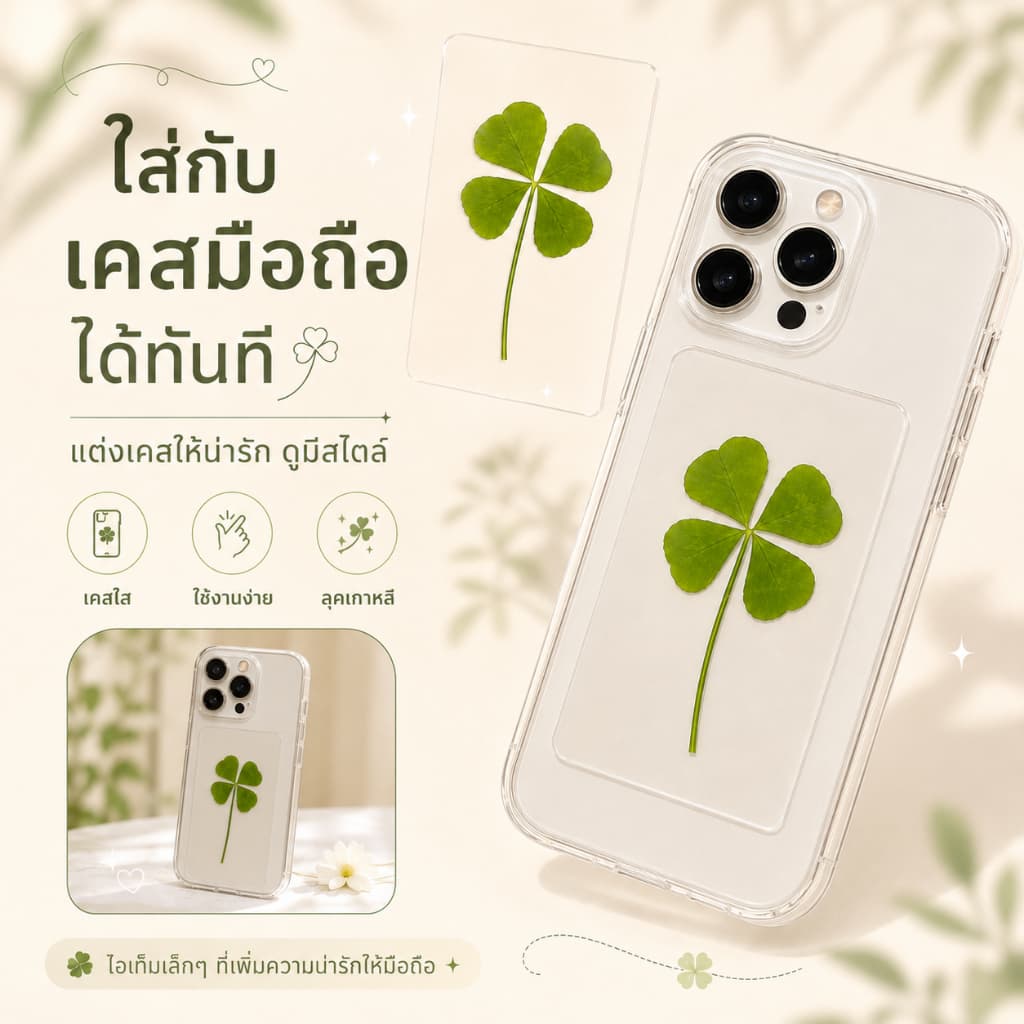 ใบโคลเวอร์ 4 แฉก เครื่องรางนำโชค ใบโคลเวอร์เสริมดวง ความรัก/โชคลาภ ใส่หลังเคสมือ รูปที่ 1