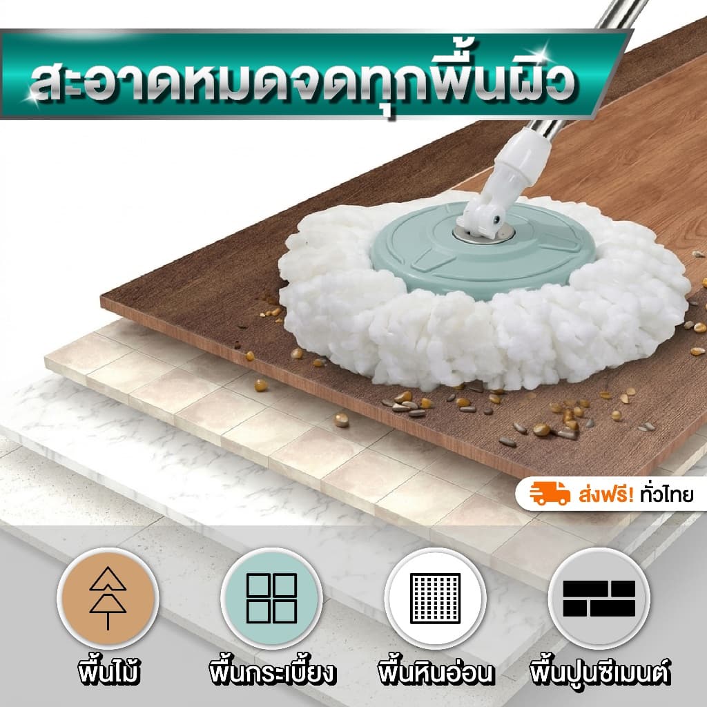 ไม้ถูพื้นพร้อมถังปั่นสแตนเลส ชุดถังปั่นถูพื้น Spin Mop ครบเซตพร้อมใช้งาน รูปที่ 2