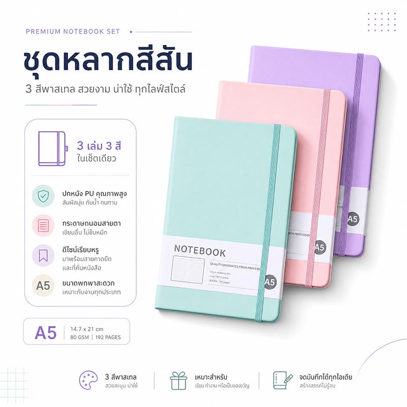 สมุดบันทึก A5 ปก PU พรีเมียม 80 แกรม 192 หน้า กระดาษมีเส้น ยางรัดสมุด ที่คั่นหนังสือ ช่องใส่ปากกา รูปที่ 2