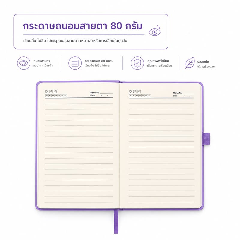 สมุดบันทึก A5 ปก PU พรีเมียม 80 แกรม 192 หน้า กระดาษมีเส้น ยางรัดสมุด ที่คั่นหนังสือ ช่องใส่ปากกา รูปที่ 6