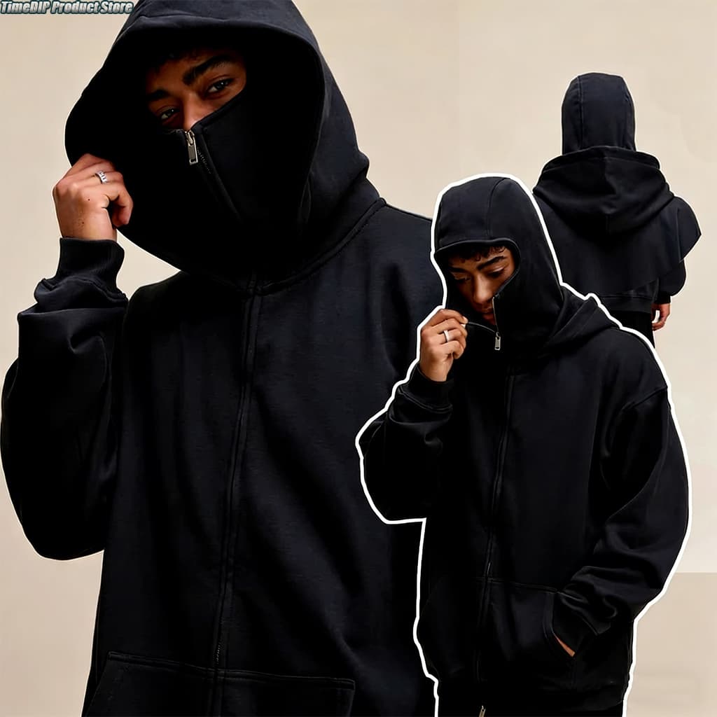 เสื้อฮู้ดนินจาZip Hoodie with 2 Balaclava Face Covers, Unisex Hoodie in non-Ruffled กันหนาวและป้องกันแสงแดด รูปที่ 1