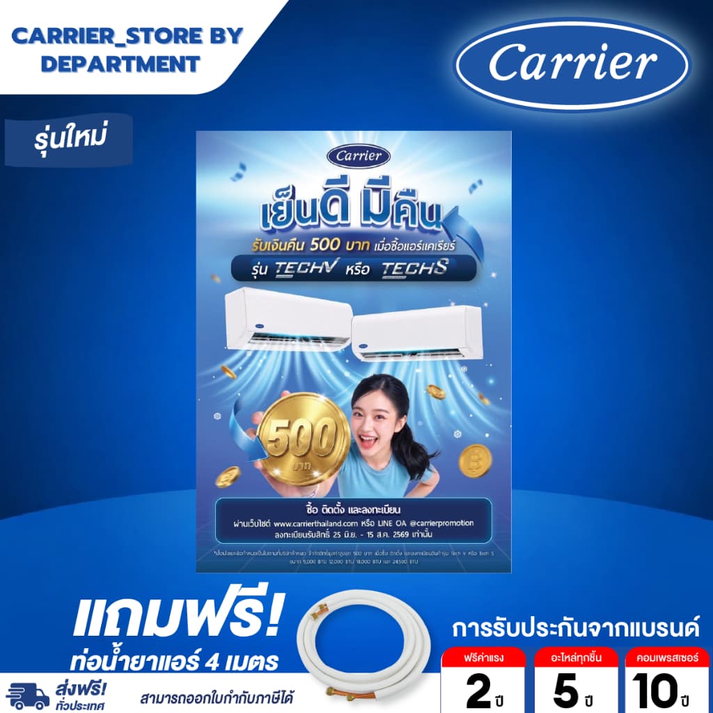 แอร์ CARRIER แคเรียร์ ติดผนัง อินเวอร์เตอร์ รุ่น TECH-V 42NVAA SER แถมท่อน้ำยาแอร์ 4 เมตร DYNAMIC FLASH SALE รูปที่ 2