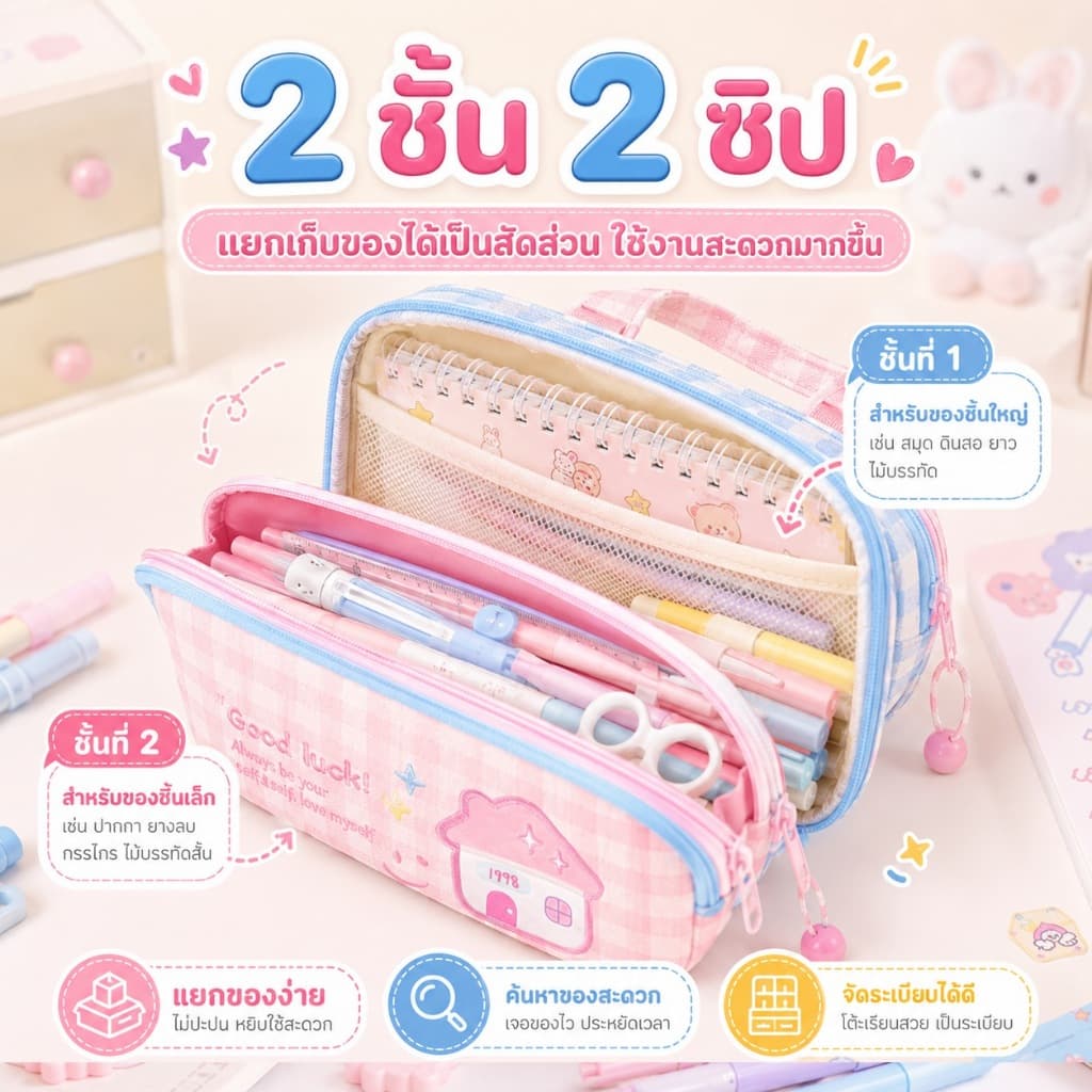 KiKi กระเป๋าดินสอ 2 ชั้น 2 ซิป ลายตารางน่ารัก จุเยอะ มีหูหิ้ว กระเป๋าเครื่องเขียน กล่องดินสอนักเรียน รูปที่ 3