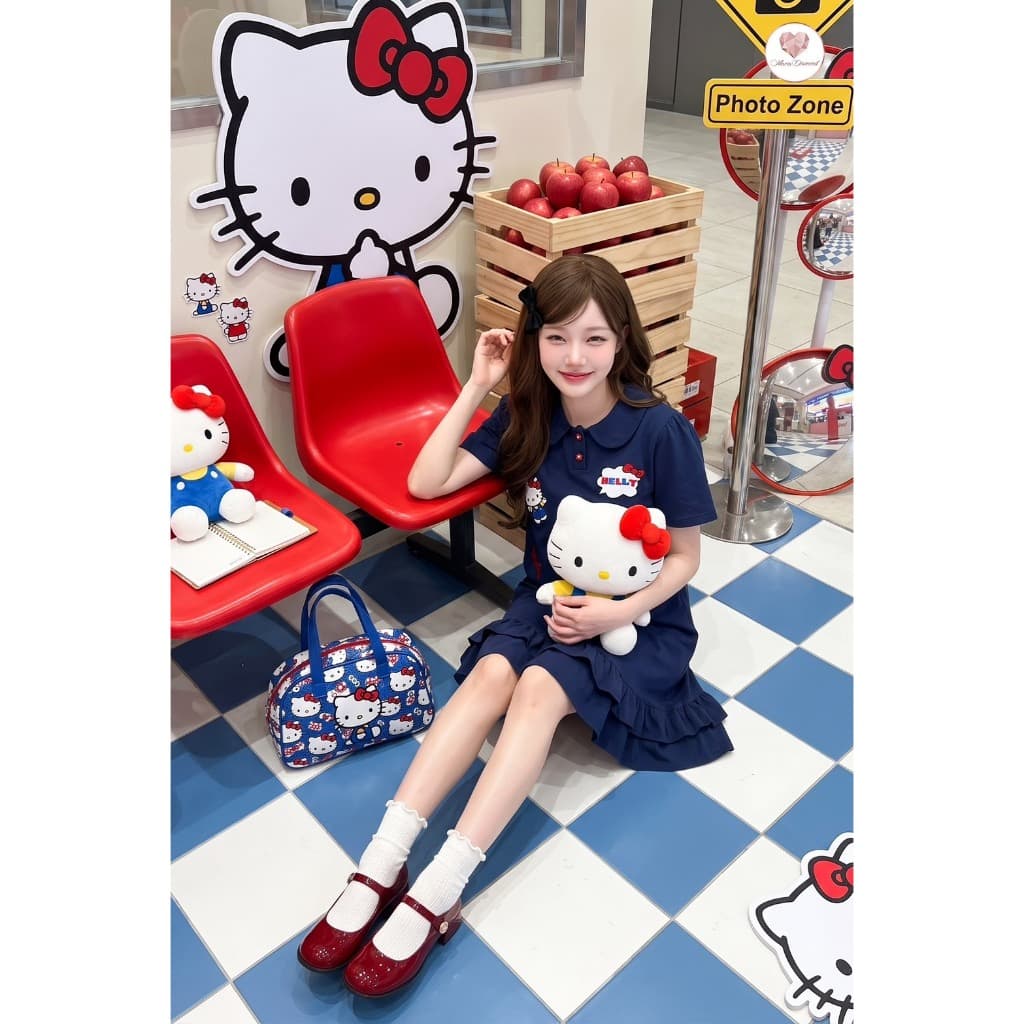 Maria Diamond สีกรม Kitty Station Dress เดรสผ้าคอตตอนโปโลสีกรม งานปักคิตตี้ทั้งชุด กระดุมหน้าสวมหัว รูปที่ 3