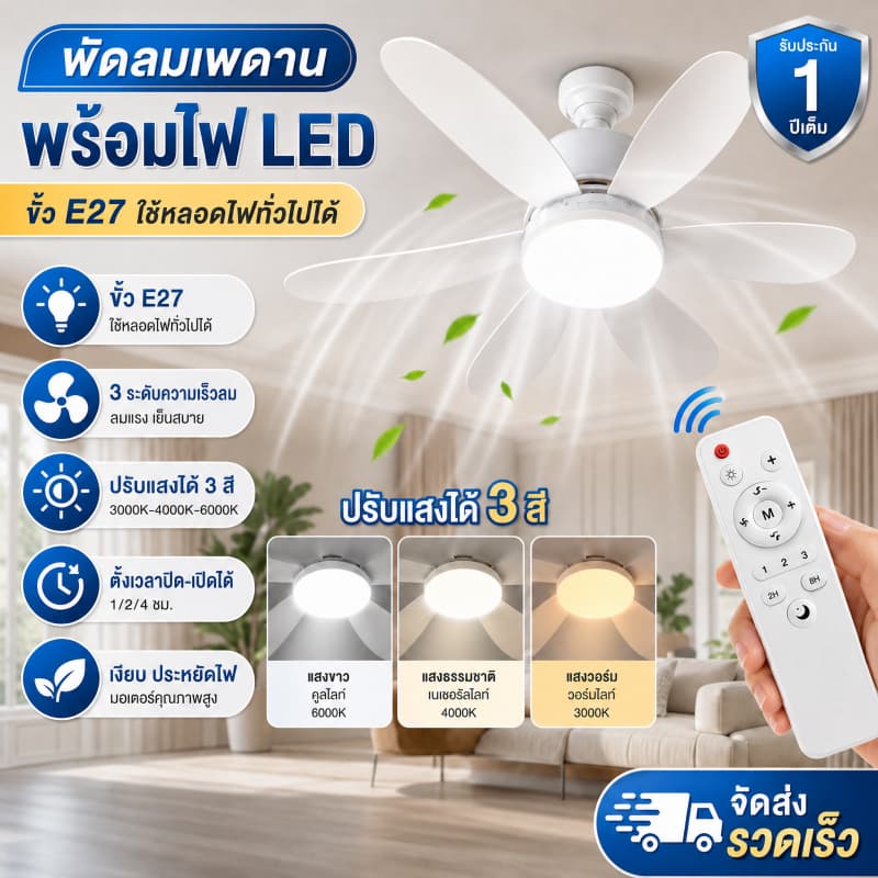 พัดลมโคมไฟ LED Ceiling fan Lamp พร้อมรีโมทหรี่แสงได้ 100W 6ใบ 2in1 52cm E27เหมาะสำหรับห้องนั่งเล่นห้องนอน มีรีโมทควบคุม รูปที่ 1