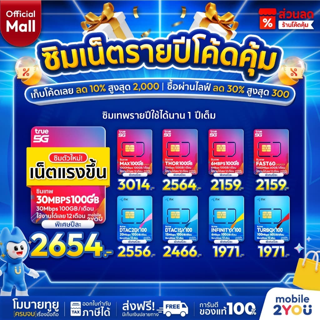 ซิมเทพ ซิมเน็ตรายปี TRUE DTAC ซิมรายปีทรู ดีแทค ซิมรายปี โทรฟรี เน็ตแรง 5G 4G ซิม mobile2youmall รูปที่ 2