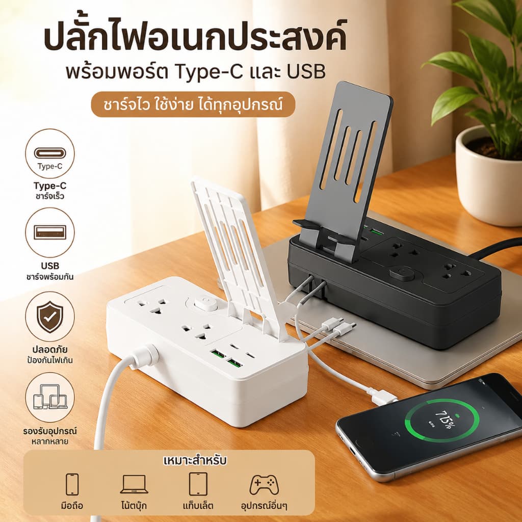 ปลั๊กไฟ 7 กำลังไฟ 2300W ปลั๊กพ่วง ปลั๊กไฟ 2 usb 2Type c ปลั๊กชาร์จ สายยาว 3 เมตร 2.1Mเมตร พร้อมขาตั้ง+IP Type cสายข้อมูล รูปที่ 5