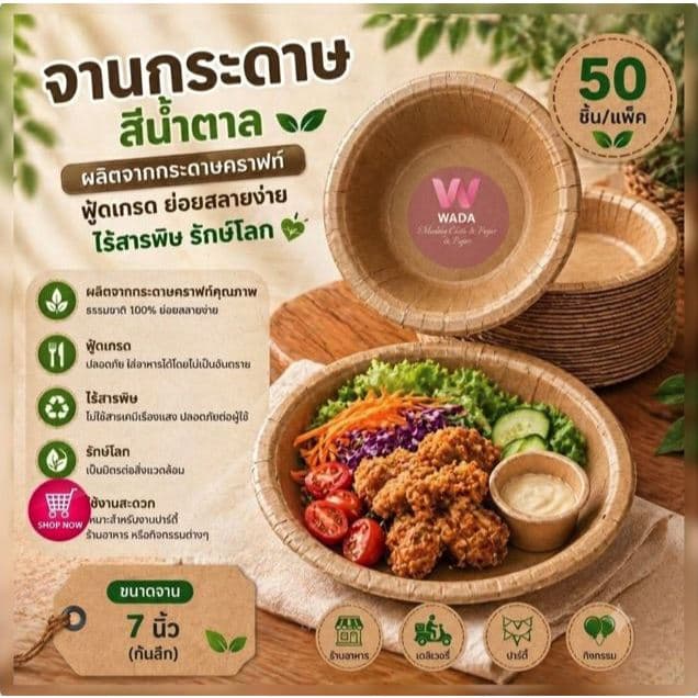 จานกระดาษคร๊าฟสีน้ำตาลขนาด6นิ้ว7นิ้วงานปาร์ตี้1แพ็ค50ใบ รูปที่ 1