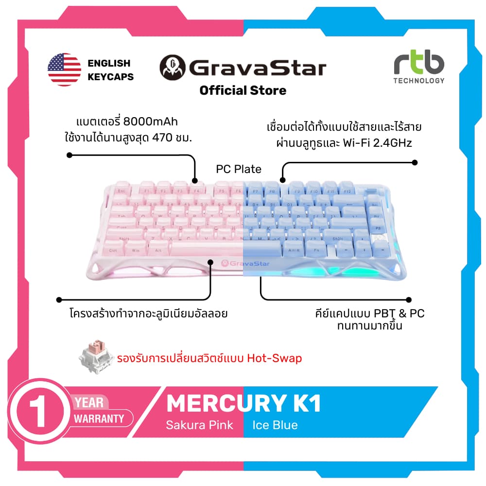 GravaStar Mercury K1 75% คีย์บอร์ดเกมมิ่งไร้สาย Wireless Mechanical Gaming Keyboard - SAKURA PINK รูปที่ 2