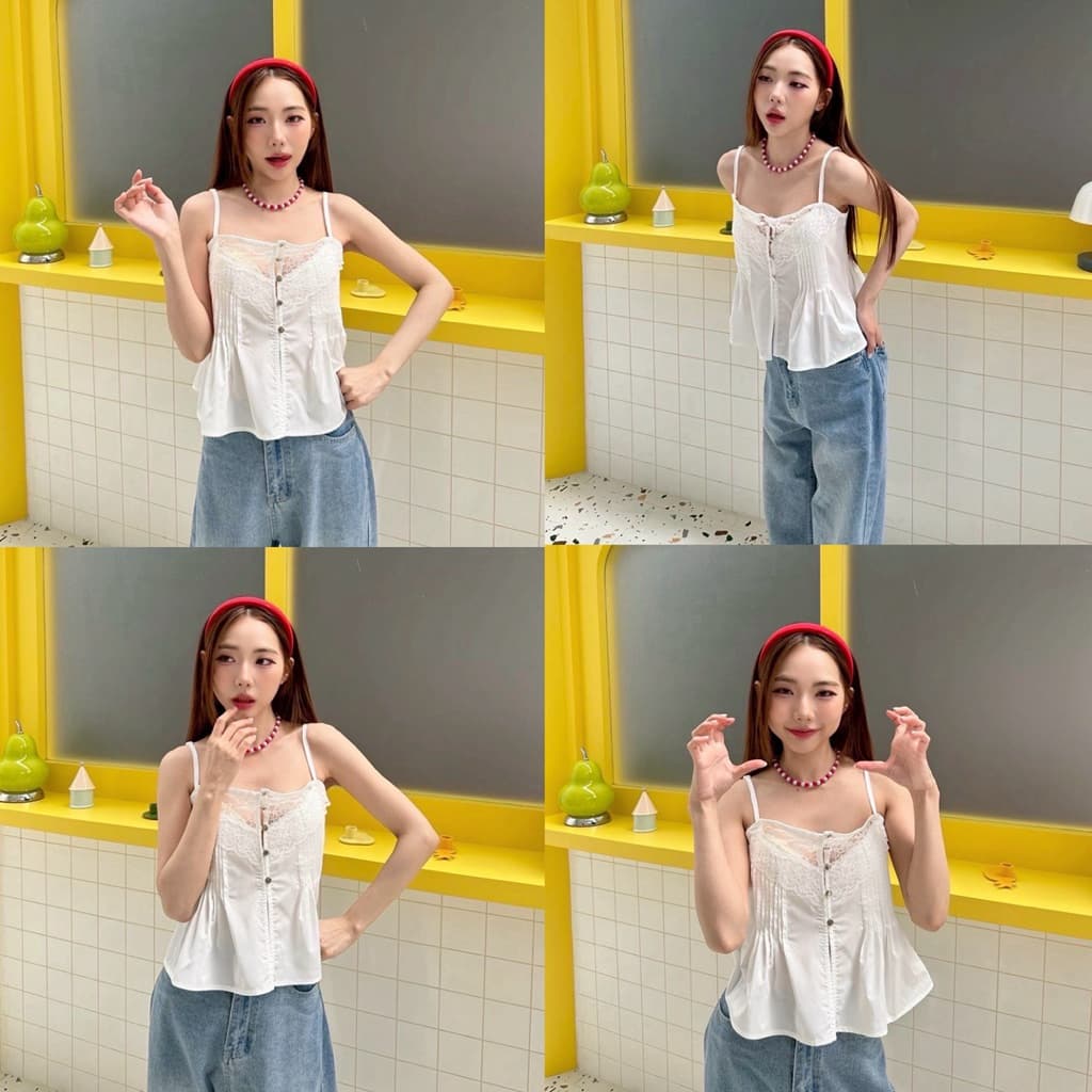 BY IRA เสื้อสายเดี่ยวลูกไม้ แต่งลูกไม้ช่วงอก กระดุมหน้า จับจีบด้านหน้า สายปรับได้ ผ้าใส่สบาย ต้องมีติดตู้ค้าสาวพะ รูปที่ 6