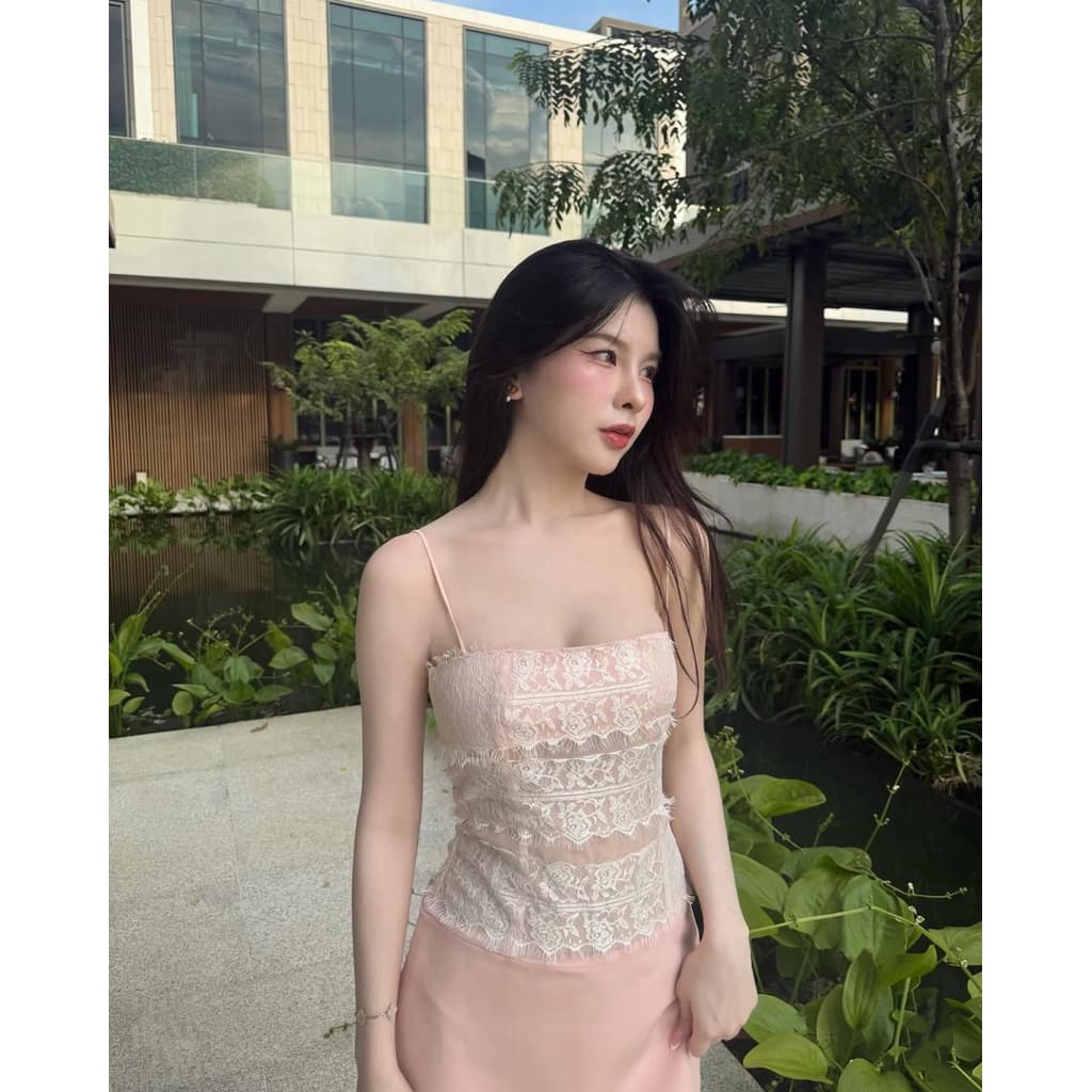 Zinnia Dress - รวมทุกสี ขาว ดำ ชมพู เดรสสายเดี่ยวเข้ารูปกับยางมัดผมดอกไม้ค่ะZN รูปที่ 4
