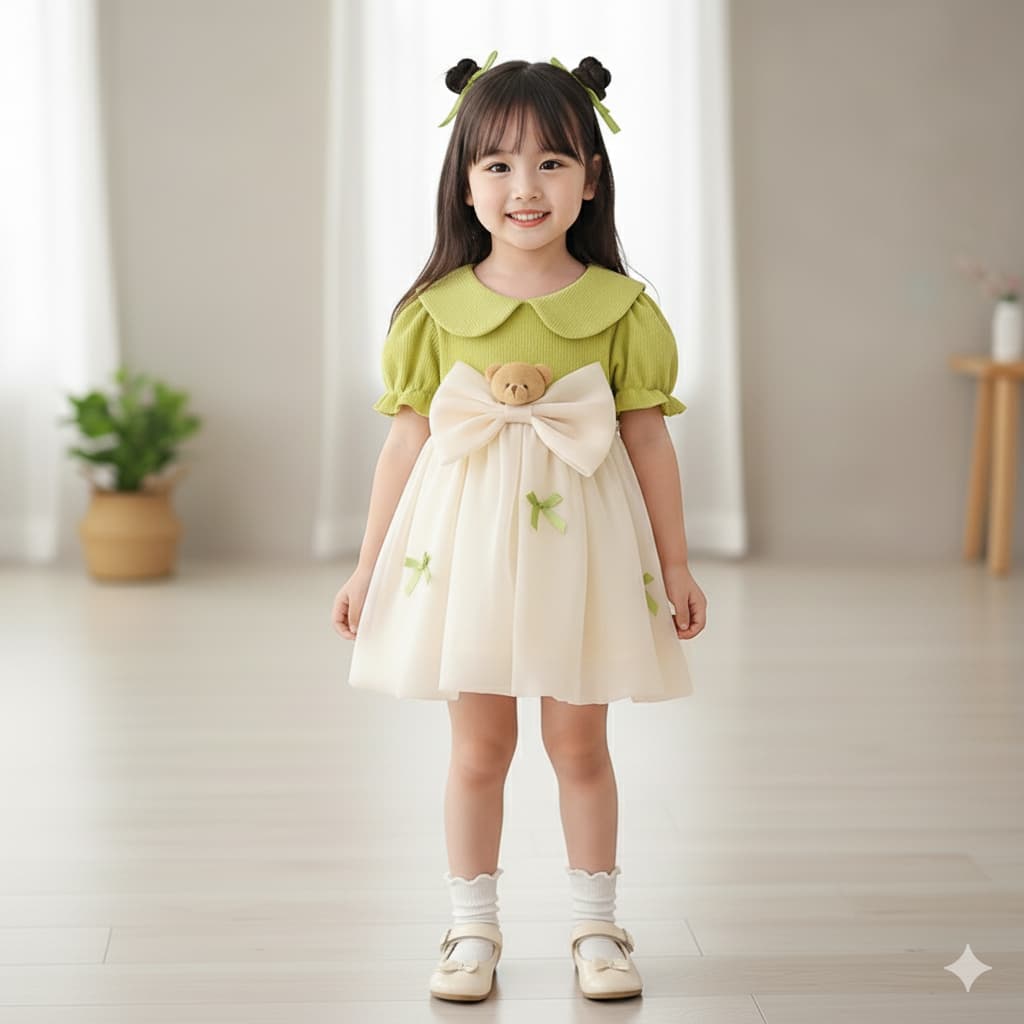 Babyonline A4 ชุดเดรสกระโปรงแฟชั่นทรงบอลลูนแต่งหัวหมีสุดน่ารักผ้าไหมแก้ว นุ่มลื่น ซับในผ้าฝ้าย รูปที่ 3