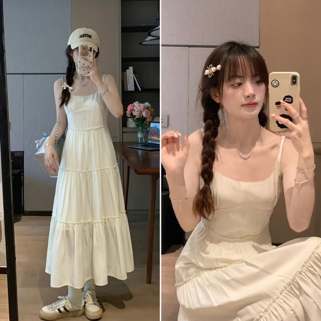 cherryshop ชุดเดรสยาวผู้หญิง เดรสผู้หญิง ชุดน่ารัก สายเดี่ยวเซ็กซี่ เอวแคบ ดีไซน์จีบ สีเบจ รูปที่ 1