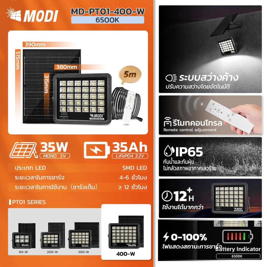 MODI ไฟสปอตไลท์โซล่าเซลล์ แสงขาว 50W80W200W300W400W โคมไฟพลังงานแสงอาทิตย์ โซล่าเซลล์ solar light รูปที่ 2