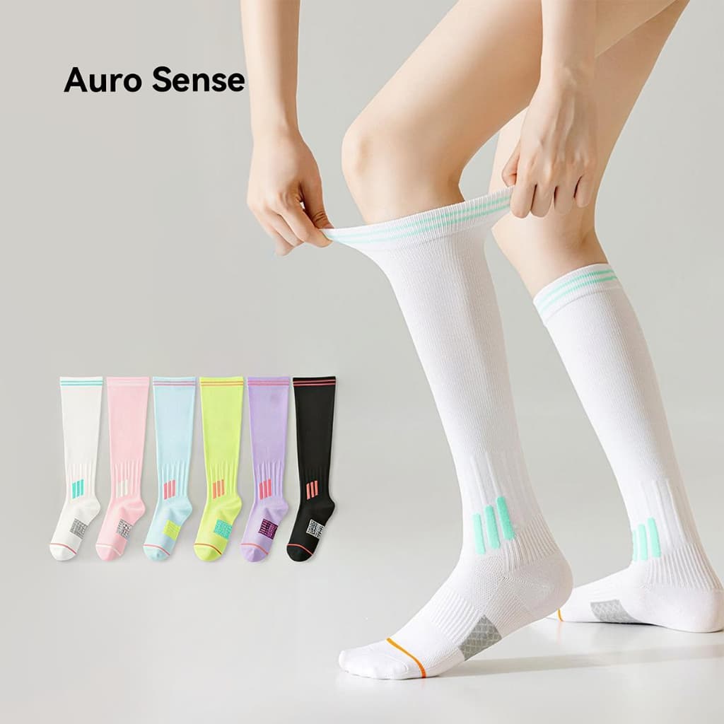 Auro Sense ถุงเท้ากีฬาแบบยาว บีบกระชับ ซัพพอร์ตน่อง ลดอาการล้า สีสันสดใส เหมาะสำหรับ วิ่ง ฟิตเนส รูปที่ 9