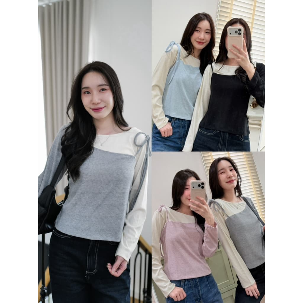 เสื้อแขนยาว ‘ผูกไหล่’ 2 สีสลับกัน รูปที่ 1