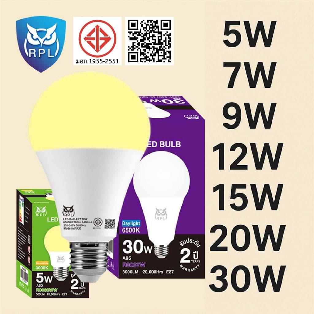 RPL หลอดไฟ LED 12W E27 ประหยัดไฟ สว่างมาก สำหรับบ้าน โคมแขวน โคมไฟเพดาน แสงนุ่มสบายตา รูปที่ 1