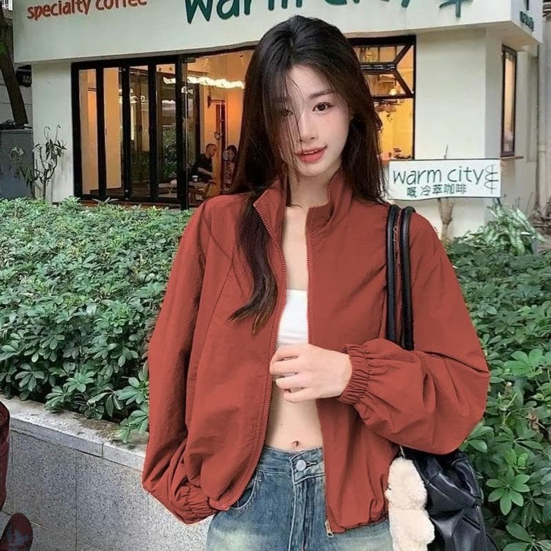 Hotgirl เสื้อคลุมแขนยาวผู้หญิง เสื้อคลุมสั้นผู้หญิง ซิป ดีไซน์เชือกผูก สไตล์เกาหลีเรียบง่าย หลวมและสบาย รูปที่ 5