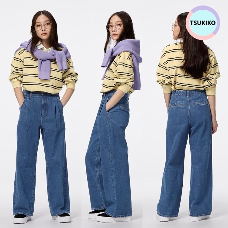 GU กางเกงผ้าเดนิมส์ จับจีบ ทรงขากว้างตรง เอวสูง /GU Denim Tuck Trouser รูปที่ 1