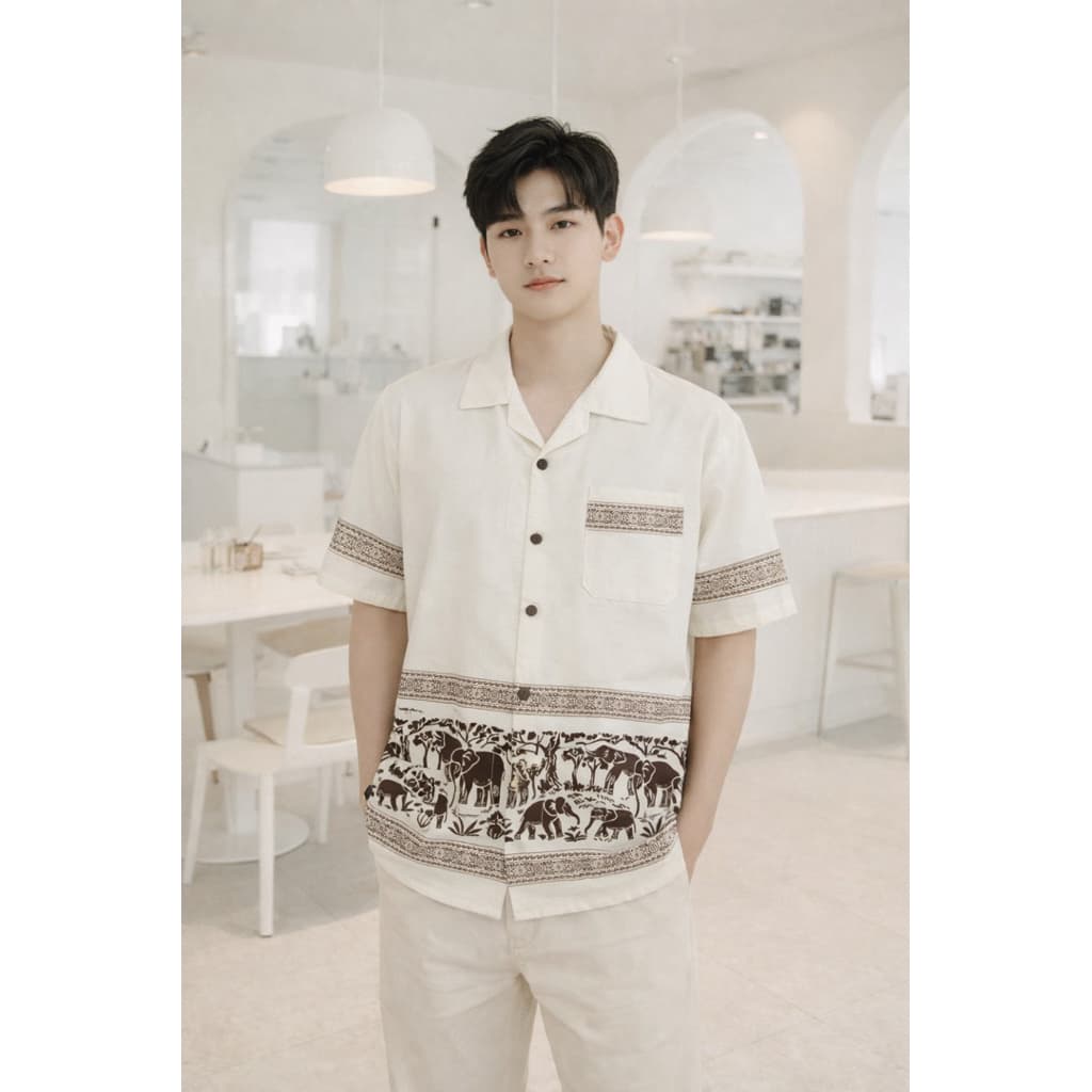 เสื้อผ้าฝ้าย เสื้อพื้นเมือง คอปก ผู้ชาย พิมพ์ลายช้าง แต่งกระดุมไม้ ผ้านุ่ม ใส่สบาย ไม่ร้อน รูปที่ 3