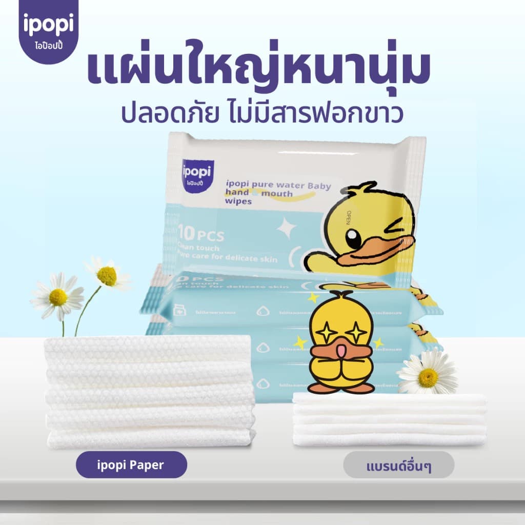 ipopi ฺpure water baby wipes กระดาษทิชชู่เปียก แบบพกพา สูตรอ่อนโยน เหมาะกับผิวแพ้ง่าย 10 แผ่น / ห่อ รูปที่ 5