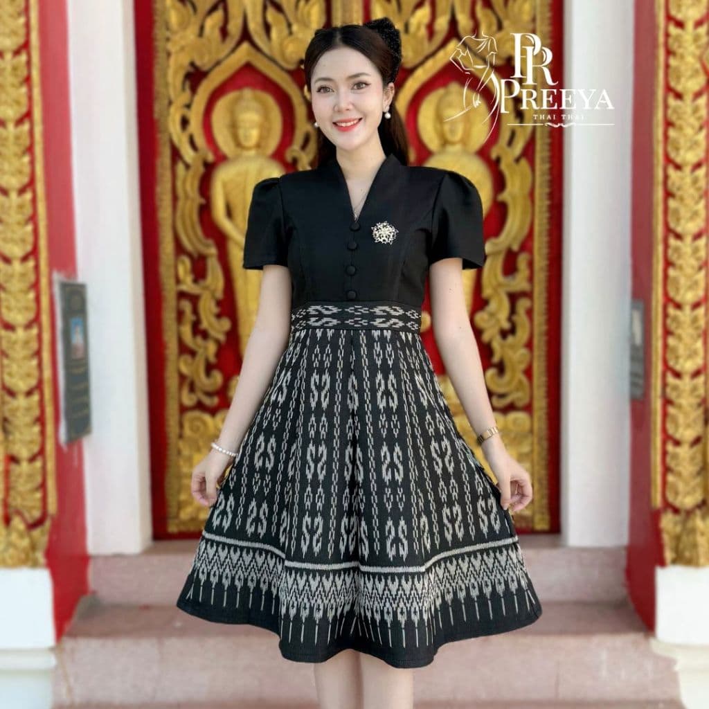 PR170 เดรสผ้าฝ้ายทอลาย อัดกาวทั้งชุด คัตติ้งเนี๊ยบ มีไซส์S-2XL แบรนด์ preeya ชุดไทย รูปที่ 3