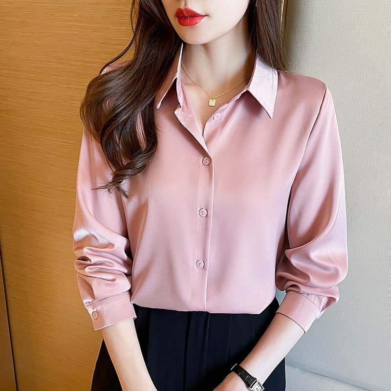 ผู้หญิง สีทึบแขนยาวเสื้อเชิ้ต สไตล์เกาหลี ทรงหลวม พื้นฐาน เรียบง่าย เสื้อ รูปที่ 5