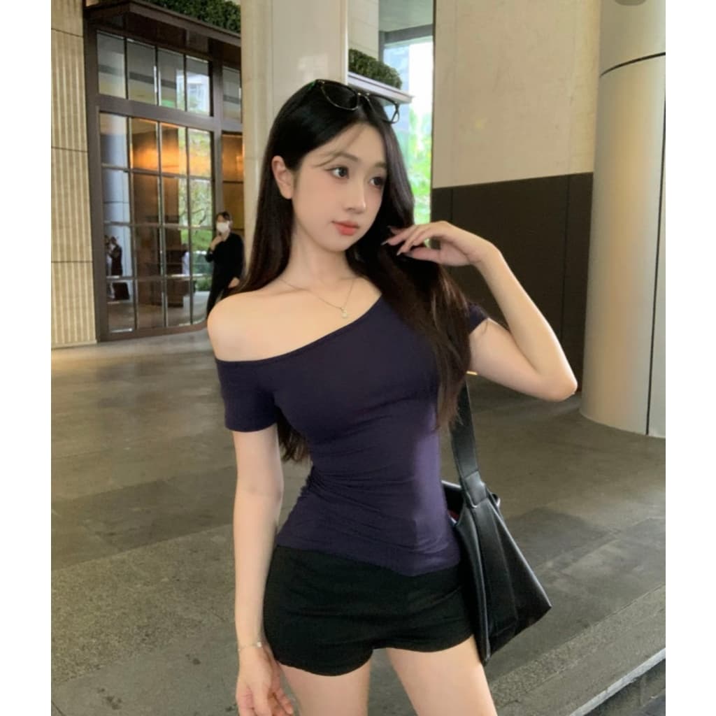 MUDO เสื้อแขนสั้นคอปาดไหล่เดี่ยวผู้หญิง เซ็กซี่เข้ากับทุกชุด ทันแฟชั่น ผ้านุ่มสบาย สไตล์วัยรุ่น เหมาะฤดูร้อน #1005 รูปที่ 5