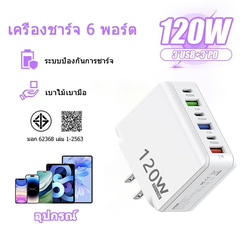 อะแดปเตอร์ชาร์จเร็ว 120W PD USB QC3.0 3.1A USB Type C charge สําหรับโทรศัพท์มือถือ รูปที่ 1