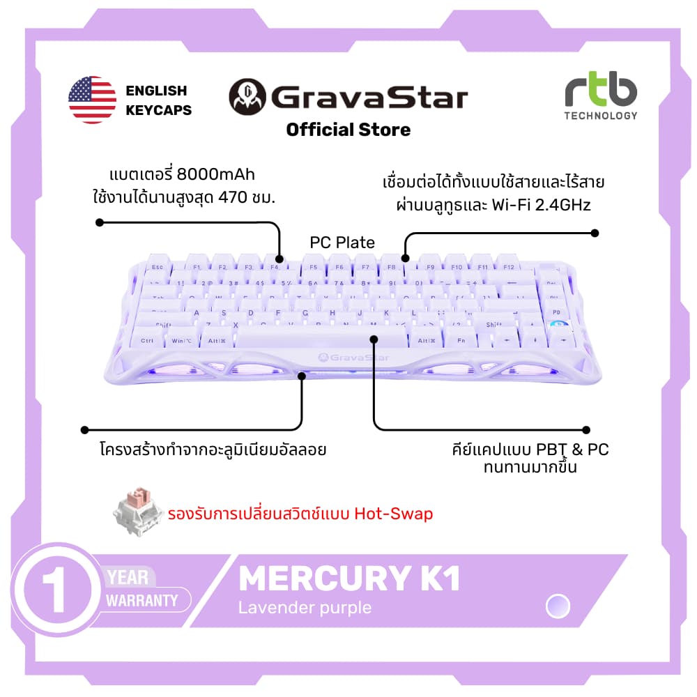 GravaStar Mercury K1 75% คีย์บอร์ดเกมมิ่งไร้สาย Wireless Mechanical Gaming Keyboard - SAKURA PINK รูปที่ 3