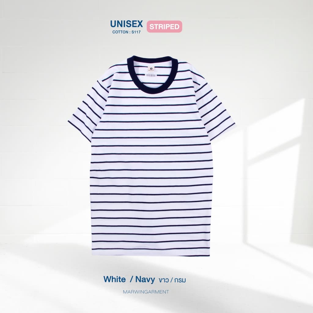 เสื้อยืดริ้ว โทนสีกรม Striped คอกลม เเขนสั้น รูปที่ 7