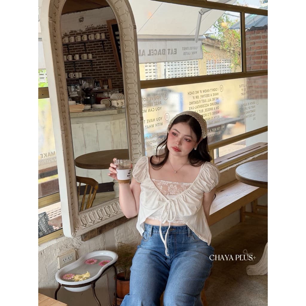 /LD/ เสื้อครอปซับในลูกไม้กุหลาบ มีไซส์อก40-52 มีเชือกผูกโบว์ เป็นเสื้อซีทรูเก๋ๆ หรือจะใส่เกาะอกด้านในแบบนางแบบ #ซัมเมอร์ รูปที่ 8