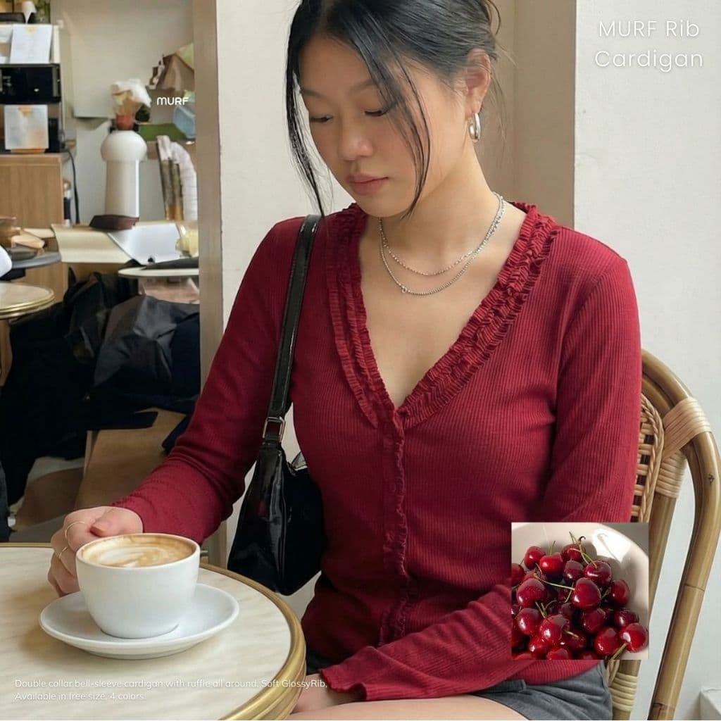 MURF Rib Cardigan - เสื้อคาร์ดิแกนผ้า GlossyRib แต่งระบาย แขนกระดิ่ง | Bell-Sleeve Cardigan T166 รูปที่ 5