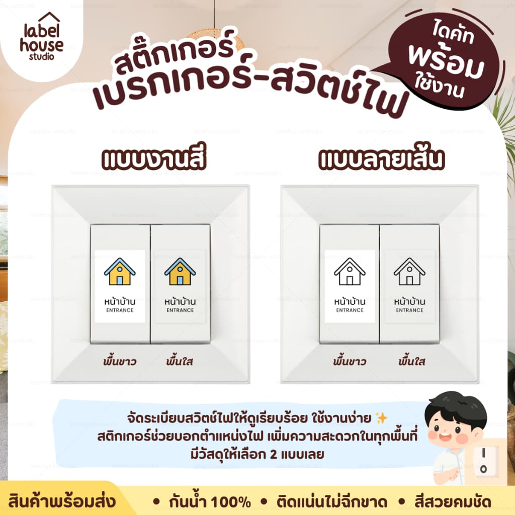 สติ๊กเกอร์สวิตช์ไฟ / ตู้ไฟ เบรกเกอร์ แบบเนื้อขาว - เนื้อใส วัสดุ PP กันน้ำ รูปที่ 2