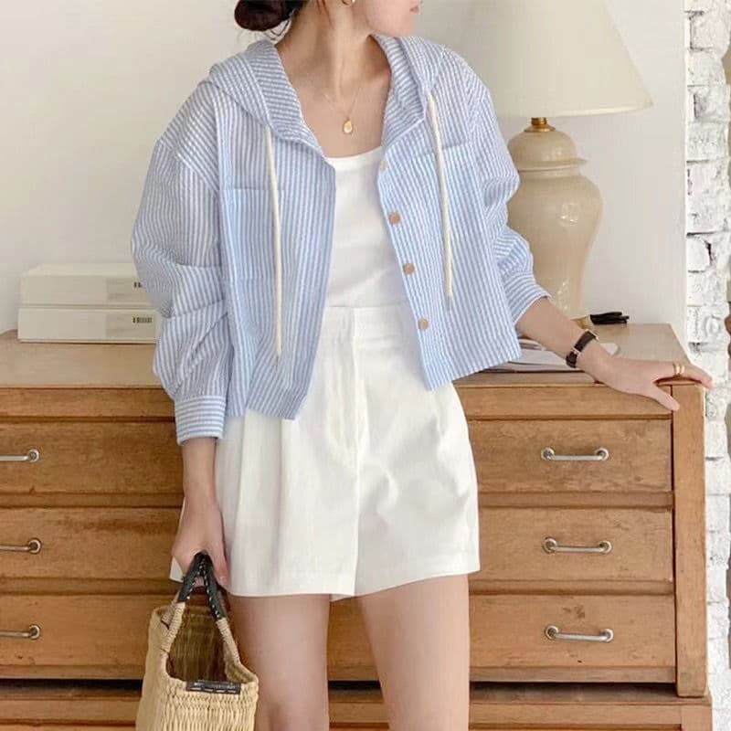 เสื้อเชิ้ตลายทางอเนกประสงค์ฤดูร้อน เสื้อตัวสั้นลำลอง เสื้อแขนยาวทรงหลวมมีฮู้ด รูปที่ 6