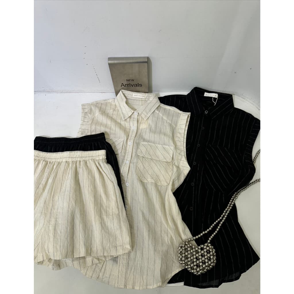B667 | เซตเสื้อเชิ้ต + กางเกงขาสั้นลายริ้ว ลุคเรียบเท่ รูปที่ 4